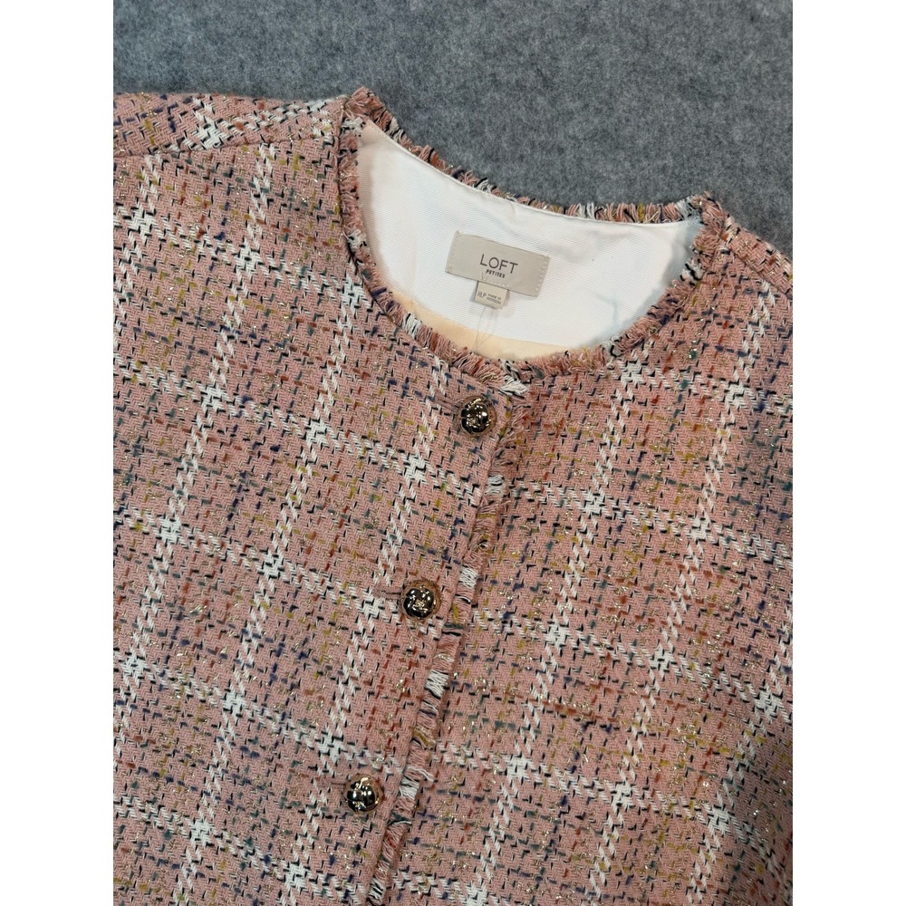 Loft Petites Pink Plaid Tweed Fringe Jacket Gold Button Blazer XLP Womens